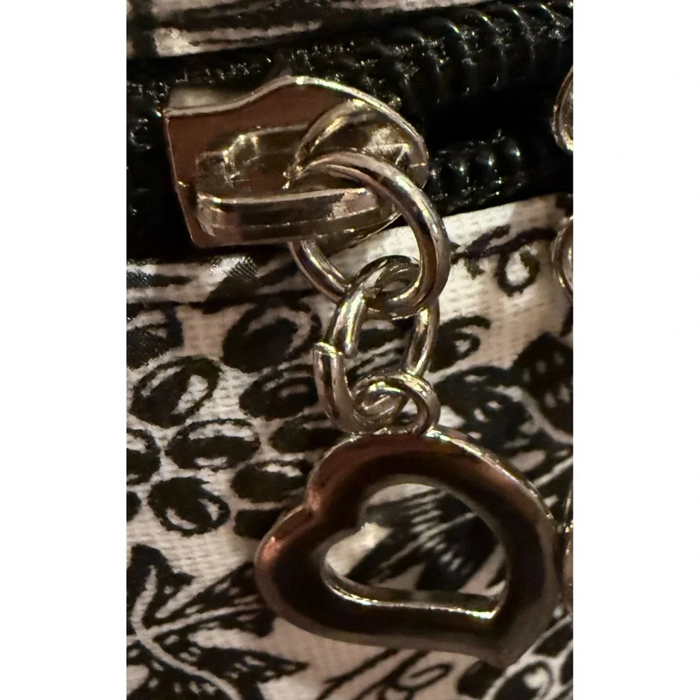 Bella Russo Makeup Bag  Black White Floral Design Zipper Closure Handle Charms